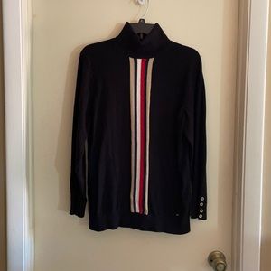Tommy Hilfiger turtleneck sweater with gold buttons on sleeves to match stripe.